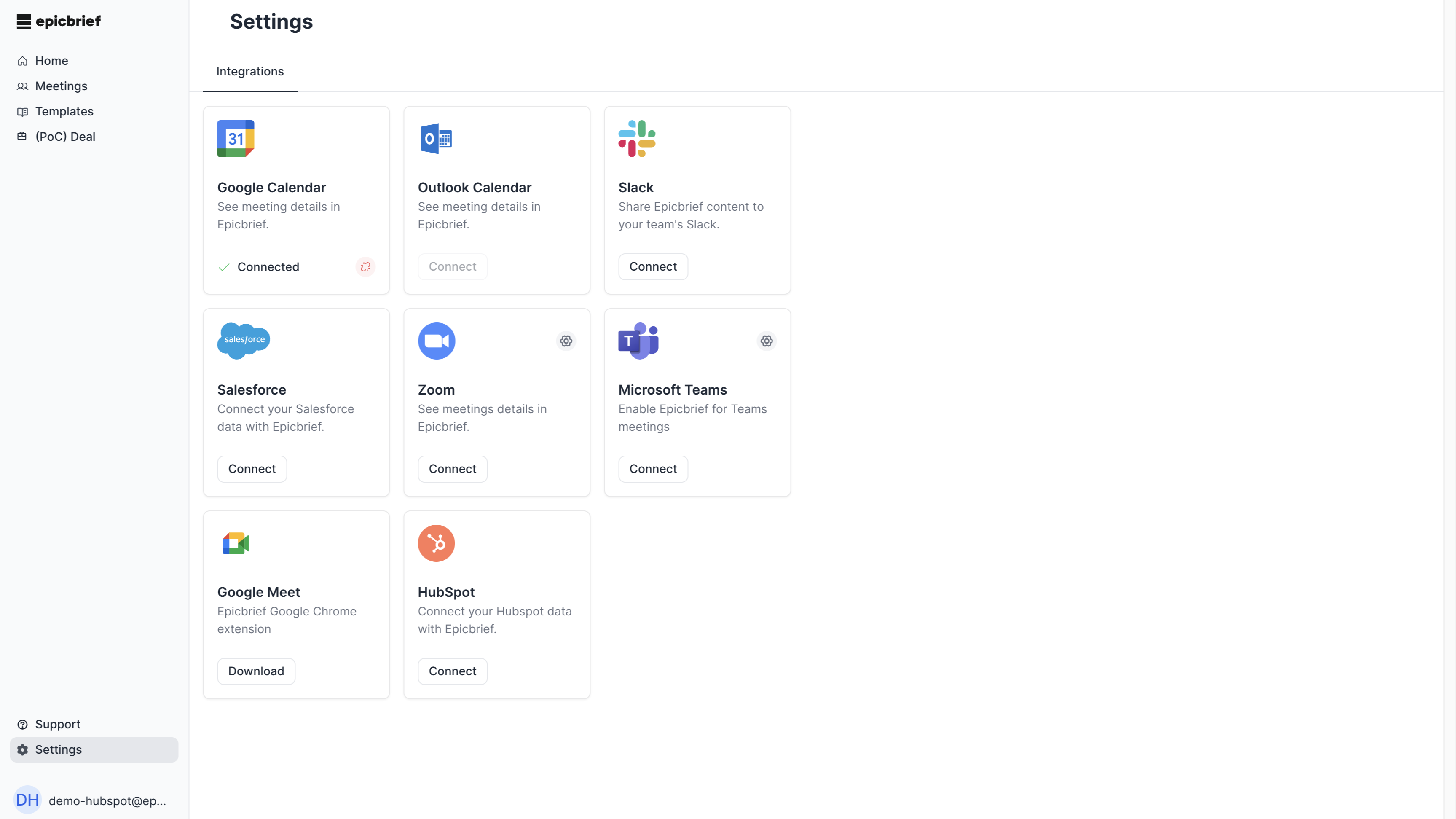 Integration page where HubSpot can be linked and unliked with EB